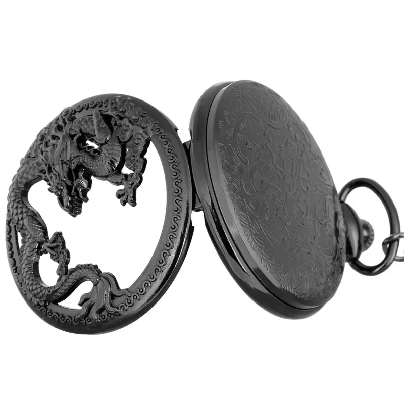 Classic Vintage Pocket Watch Fashion Hollow Carving Chinese Dragon Roman Numerals Dial Necklace Gift