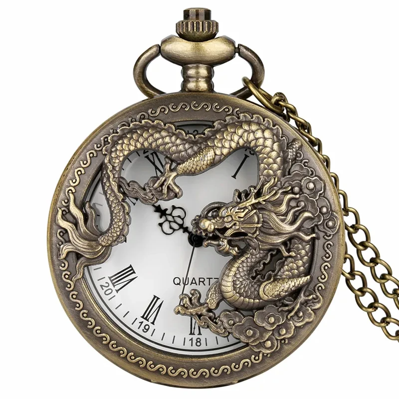 Classic Vintage Pocket Watch Fashion Hollow Carving Chinese Dragon Roman Numerals Dial Necklace Gift