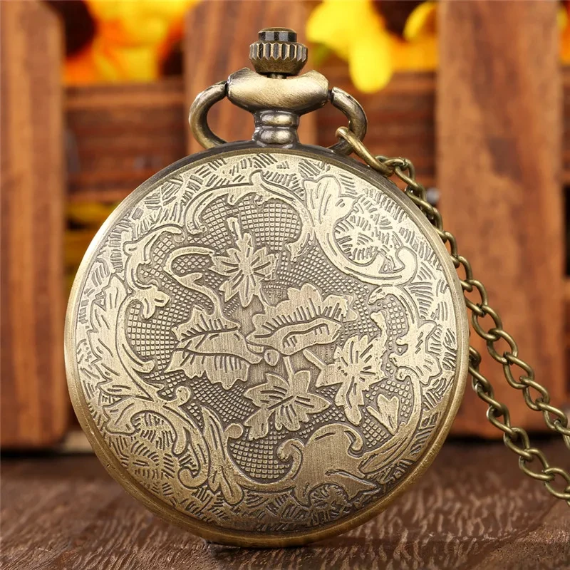 Classic Vintage Pocket Watch Fashion Hollow Carving Chinese Dragon Roman Numerals Dial Necklace Gift