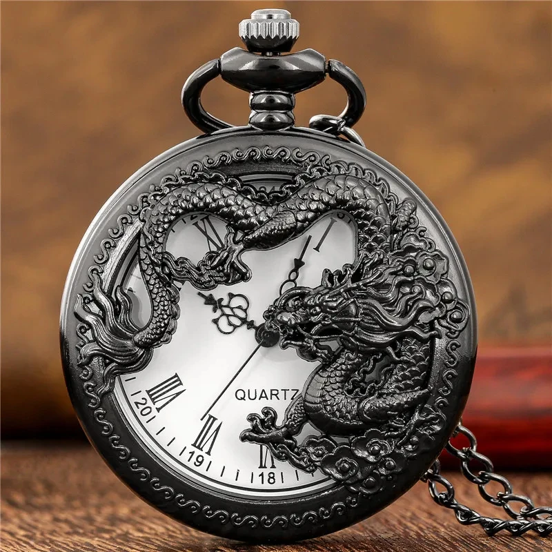 Classic Vintage Pocket Watch Fashion Hollow Carving Chinese Dragon Roman Numerals Dial Necklace Gift