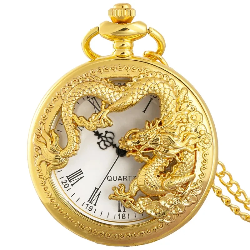 Classic Vintage Pocket Watch Fashion Hollow Carving Chinese Dragon Roman Numerals Dial Necklace Gift