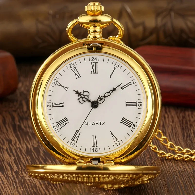 Classic Vintage Pocket Watch Fashion Hollow Carving Chinese Dragon Roman Numerals Dial Necklace Gift