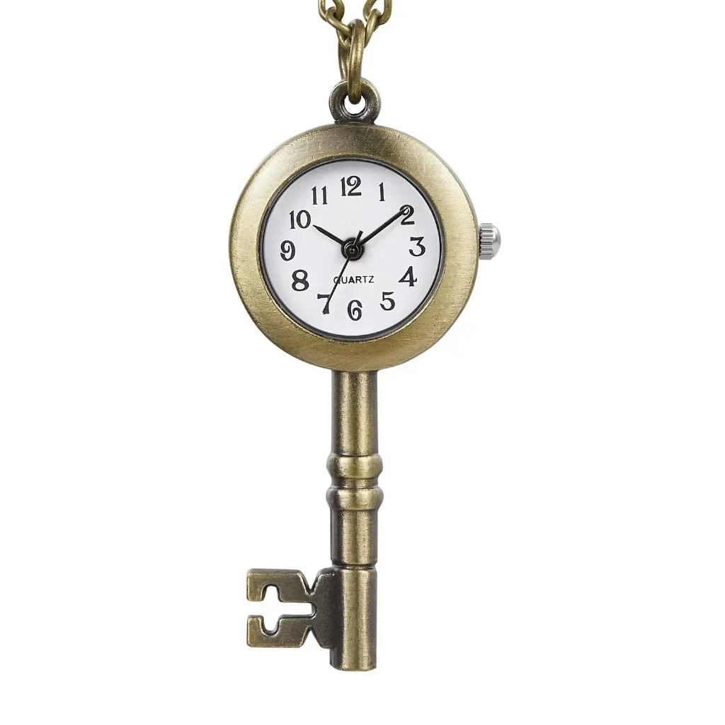 Retro Bronze Steampunk Key Quartz Pocket Watch Necklace Pendant Clock Chain Men's And Women's Chain Gift