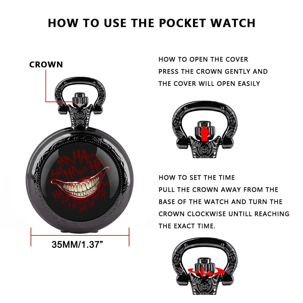 Joker Smile Design Dome Quartz Pocket Watch Arabic Numeral Dial Vintage Men Women Necklace Pendant Creative Clock Gift Relógio