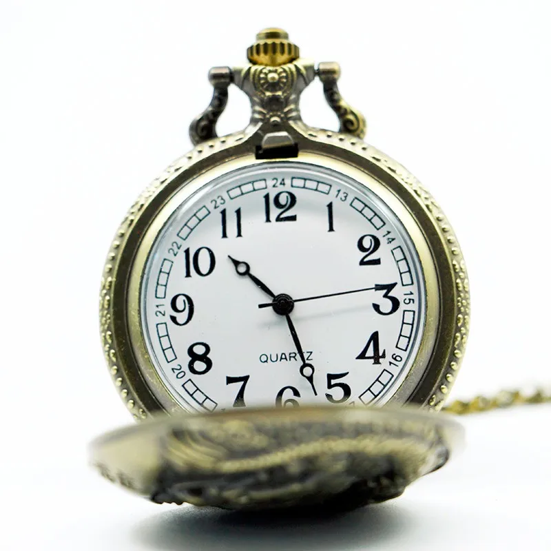 Vintage Bronze Chinese Style Dragon Design Quartz Pocket Watch With Necklace Chain Best Gift CF1039