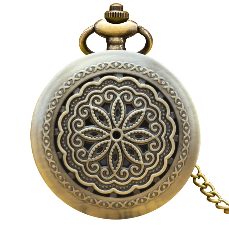 Vintage Bronze Clamshell Creative Cutout Flower Carved Necklace Quartz Pocket Watch Fashion Male And Female Students Universal