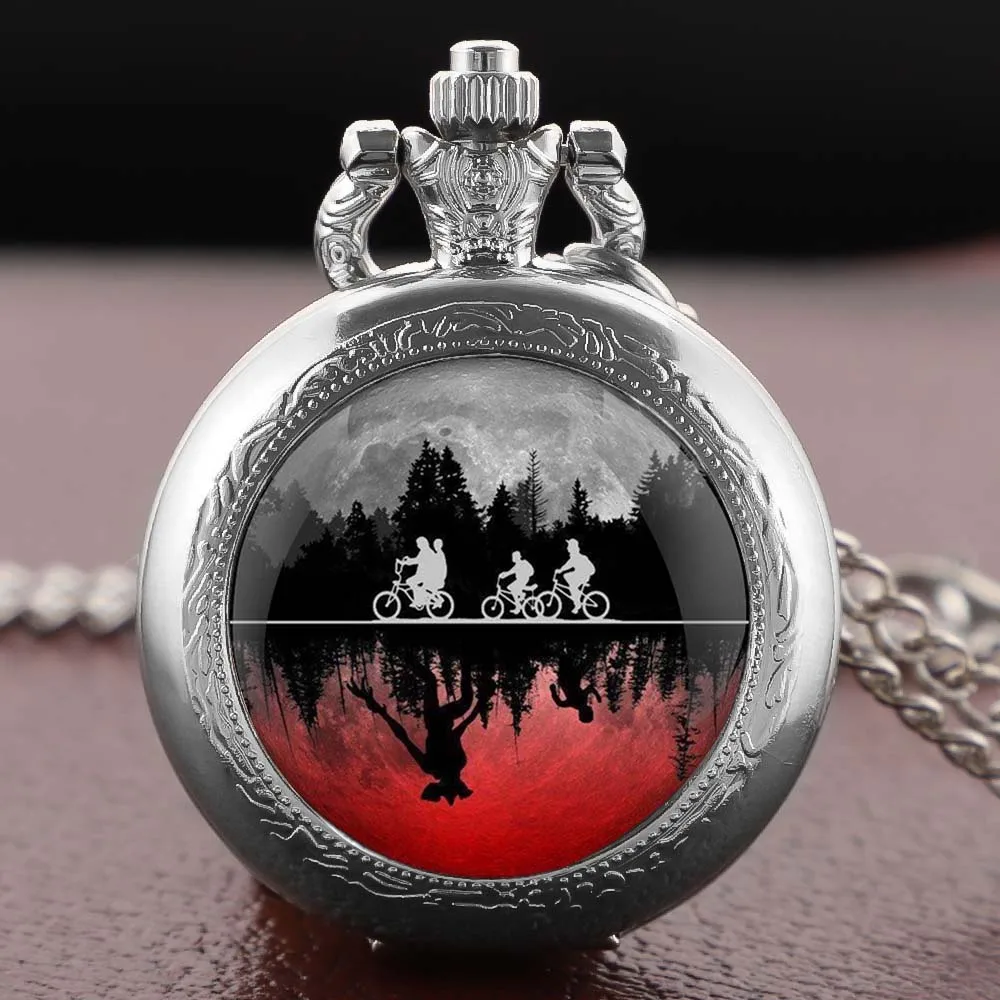 Suspenseful Movie Glass Dome Vintage Quartz Pocket Watch Men Women Pendant Necklace Chain Charm Clock Hours Jewelry Gifts