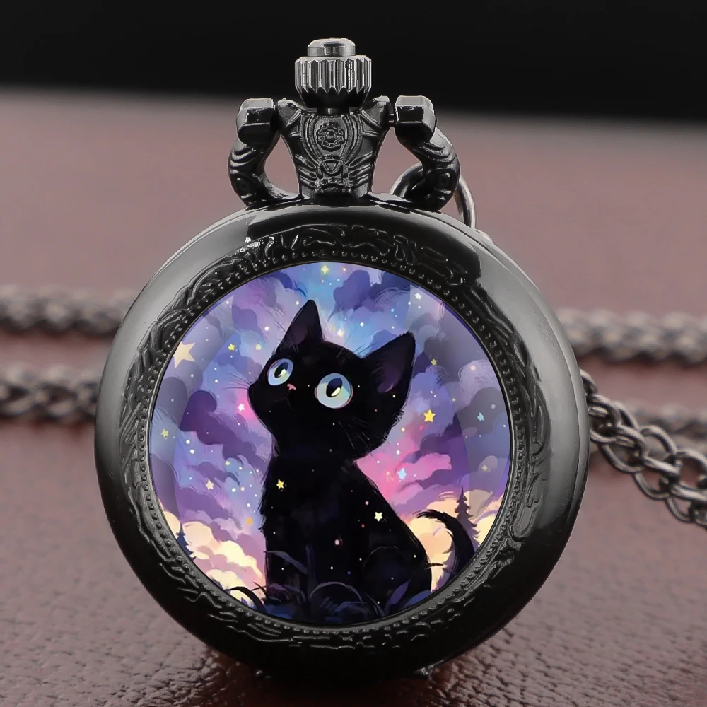 Black Cat Gazing At Star Design Pocket Watch Arabic Vintage Accessory Women Necklace Pendant Clock Men Watch Relojes De Bolsillo