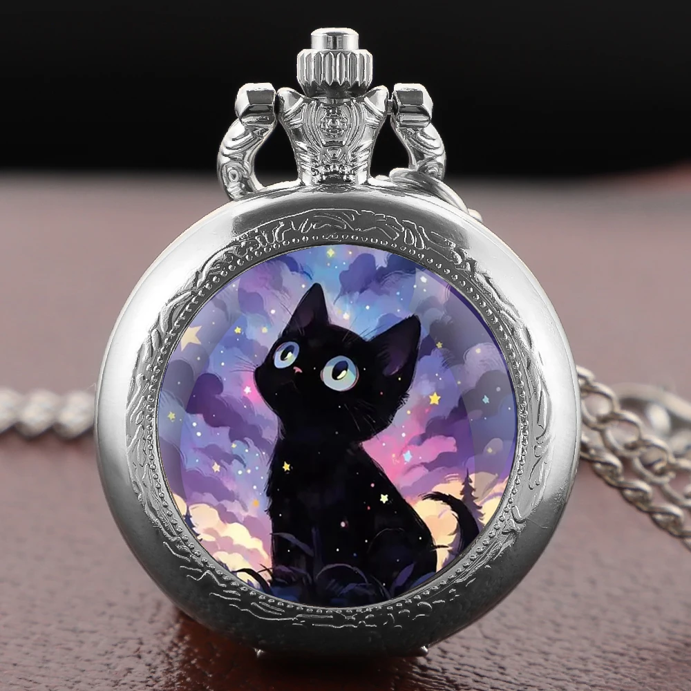 Black Cat Gazing At Star Design Pocket Watch Arabic Vintage Accessory Women Necklace Pendant Clock Men Watch Relojes De Bolsillo