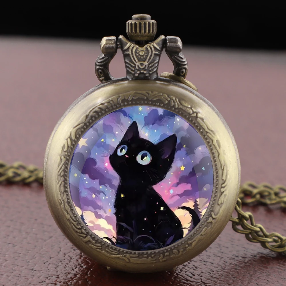 Black Cat Gazing At Star Design Pocket Watch Arabic Vintage Accessory Women Necklace Pendant Clock Men Watch Relojes De Bolsillo