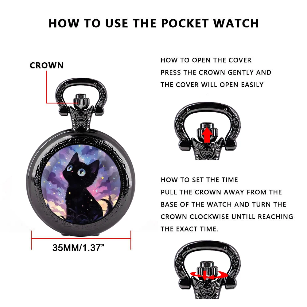 Black Cat Gazing At Star Design Pocket Watch Arabic Vintage Accessory Women Necklace Pendant Clock Men Watch Relojes De Bolsillo