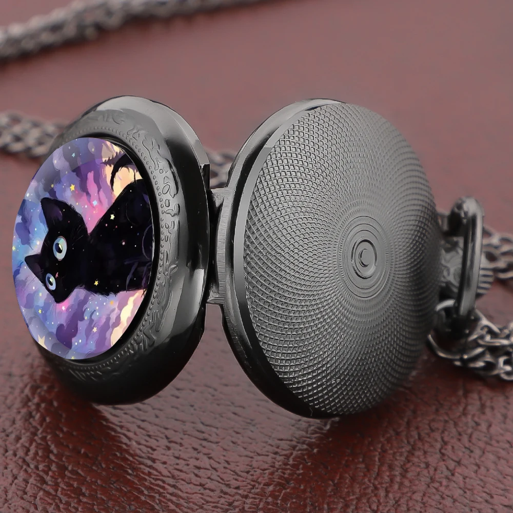 Black Cat Gazing At Star Design Pocket Watch Arabic Vintage Accessory Women Necklace Pendant Clock Men Watch Relojes De Bolsillo