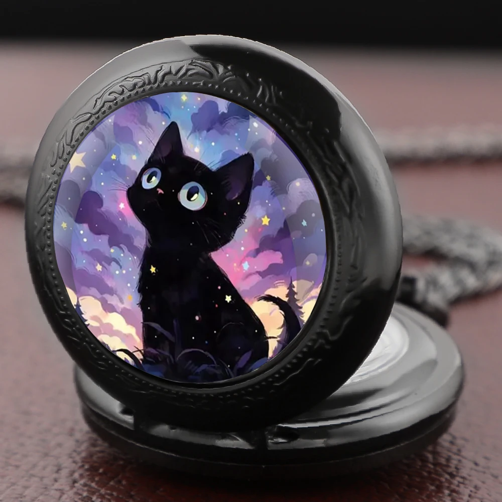 Black Cat Gazing At Star Design Pocket Watch Arabic Vintage Accessory Women Necklace Pendant Clock Men Watch Relojes De Bolsillo