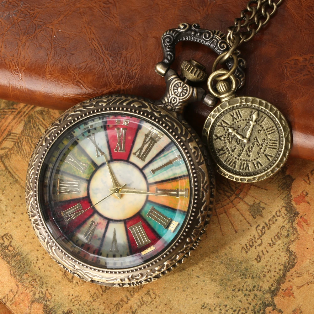 Colorful Roman Numeral Dial Display Quartz Pocket Watch with Necklace Chain Leisure Pendant Gift Men's Clock Exquisite Relogios