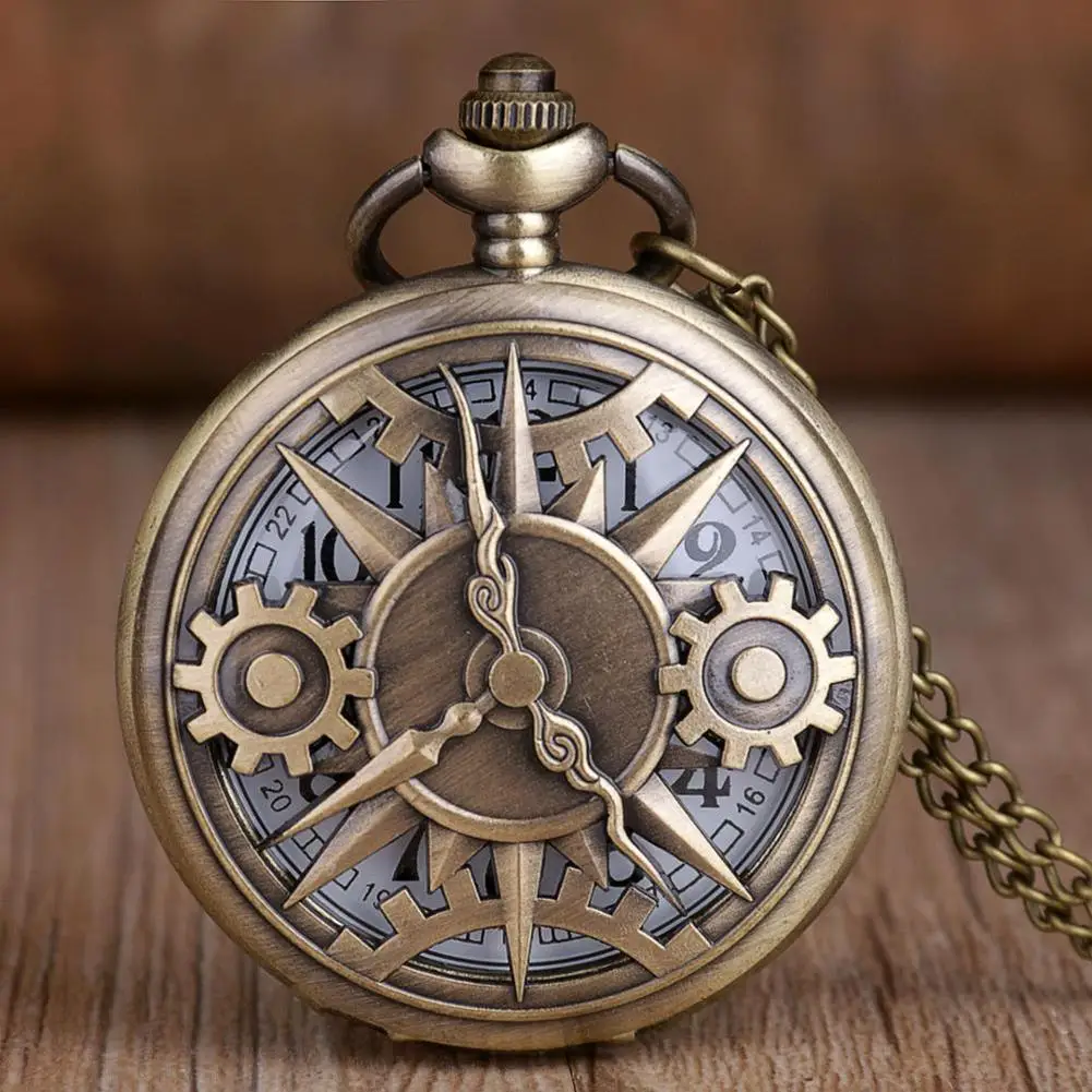 Unique Retro Bronze Steampunk Hollow Gear Design Quartz Pocket Watch with Necklace Chain Leisure Pendant Gift Men's Clock