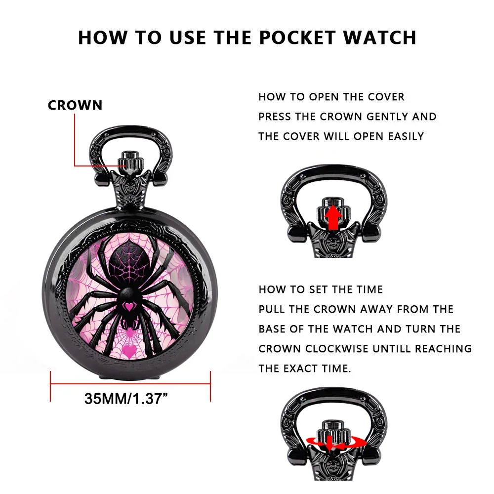 Fashion Love Spider Pink Web Dome Quartz Pocket Watch Arabic Numeral Dial Vintage Men Women Necklace Pendant Creative Clock Gift
