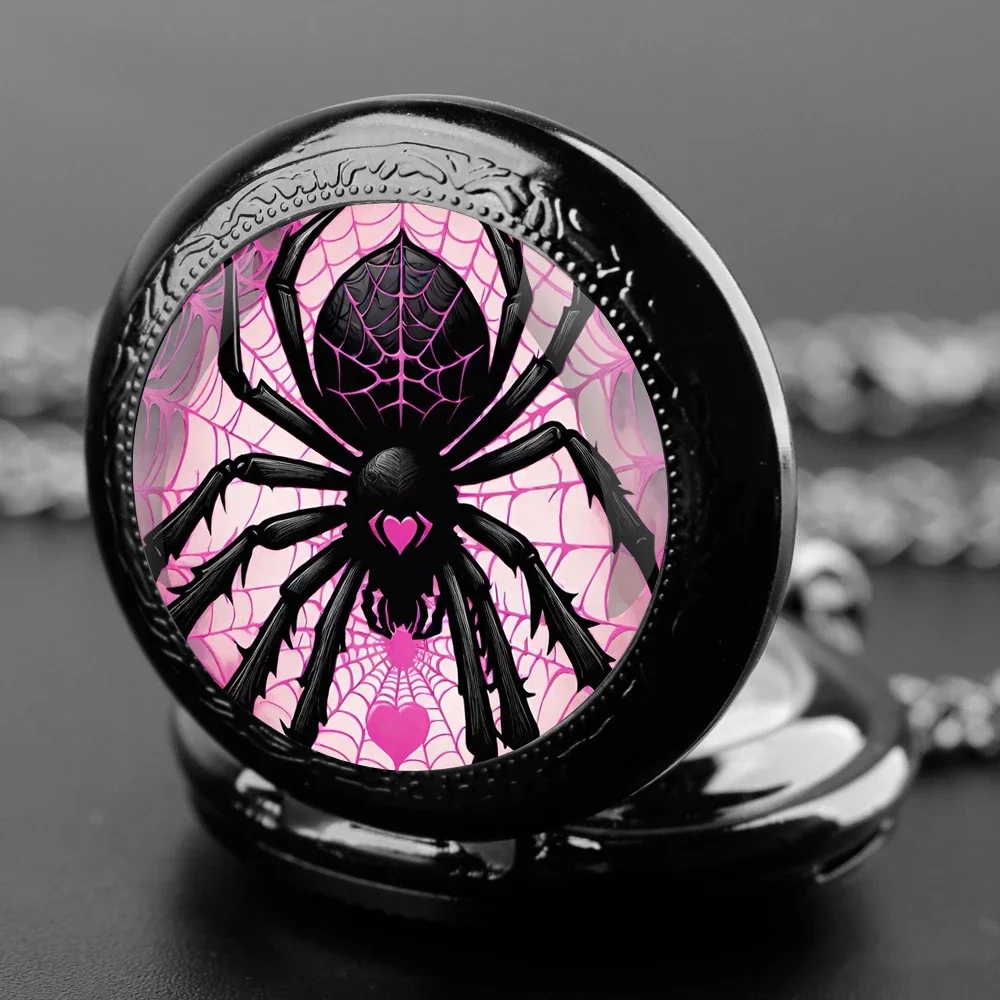 Fashion Love Spider Pink Web Dome Quartz Pocket Watch Arabic Numeral Dial Vintage Men Women Necklace Pendant Creative Clock Gift