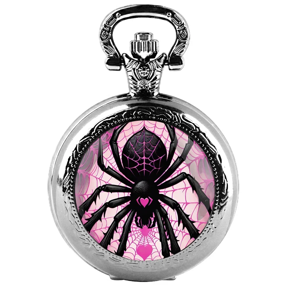 Fashion Love Spider Pink Web Dome Quartz Pocket Watch Arabic Numeral Dial Vintage Men Women Necklace Pendant Creative Clock Gift