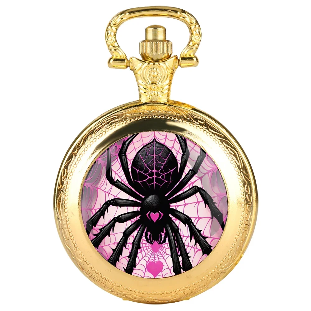 Fashion Love Spider Pink Web Dome Quartz Pocket Watch Arabic Numeral Dial Vintage Men Women Necklace Pendant Creative Clock Gift