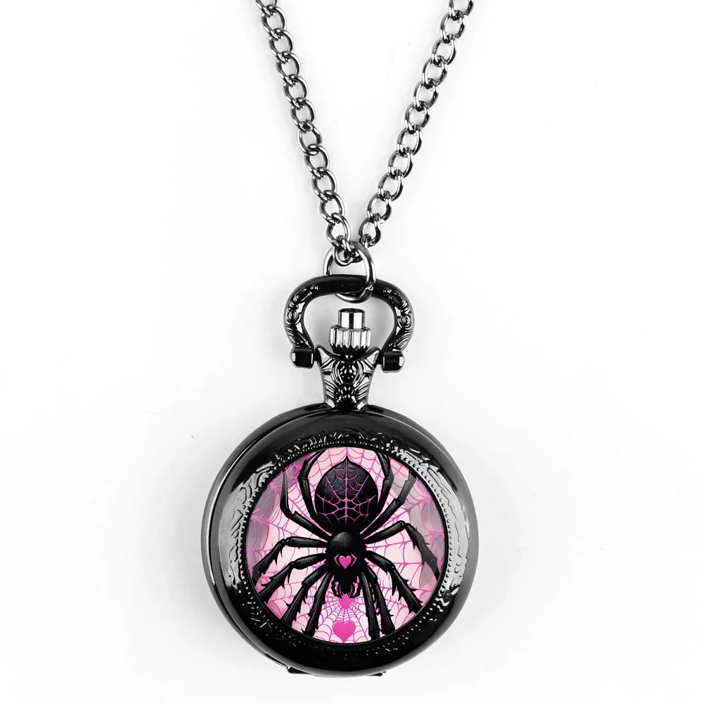 Fashion Love Spider Pink Web Dome Quartz Pocket Watch Arabic Numeral Dial Vintage Men Women Necklace Pendant Creative Clock Gift