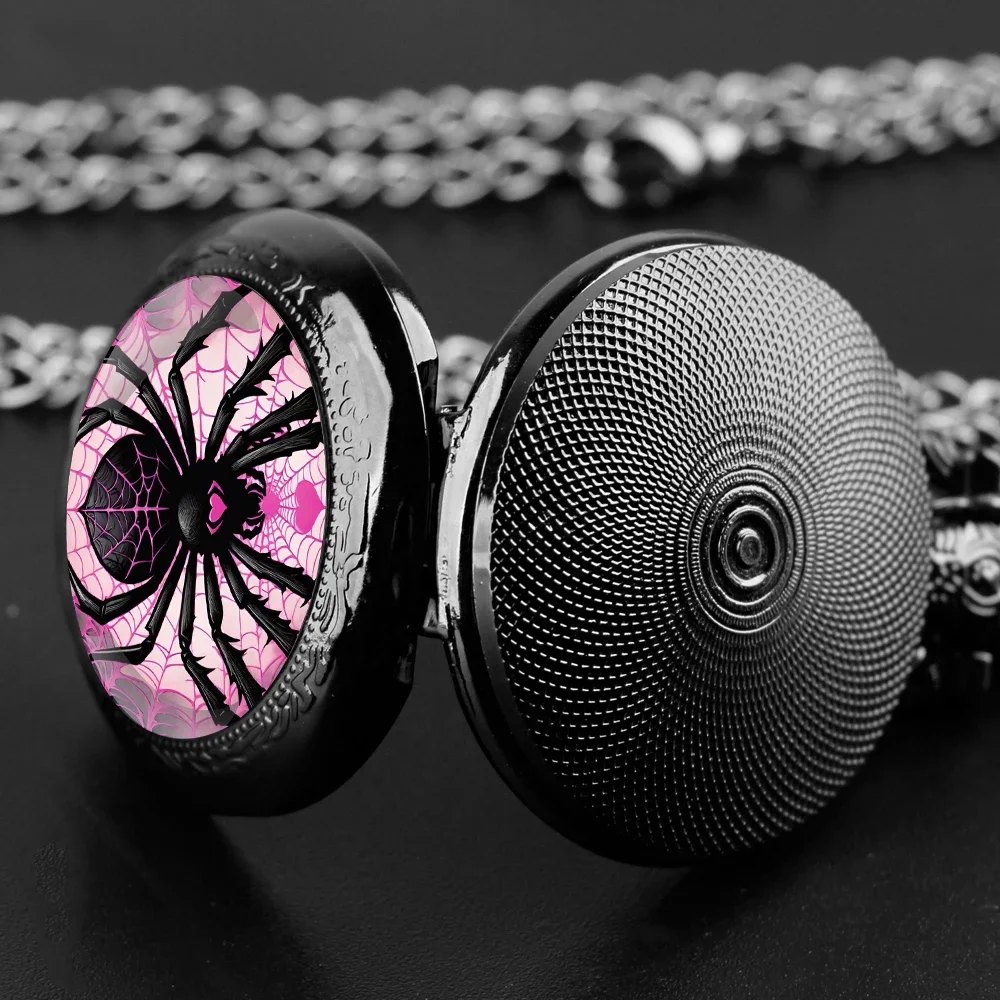 Fashion Love Spider Pink Web Dome Quartz Pocket Watch Arabic Numeral Dial Vintage Men Women Necklace Pendant Creative Clock Gift