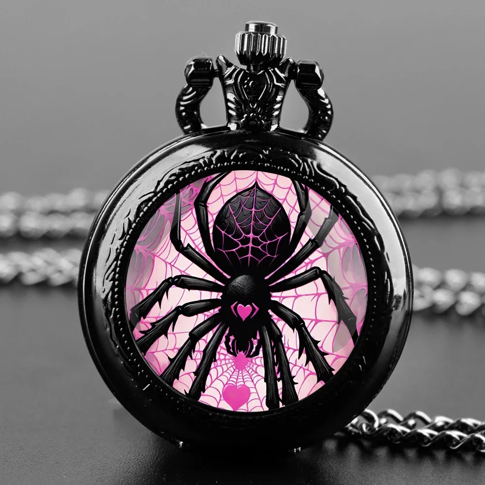 Fashion Love Spider Pink Web Dome Quartz Pocket Watch Arabic Numeral Dial Vintage Men Women Necklace Pendant Creative Clock Gift