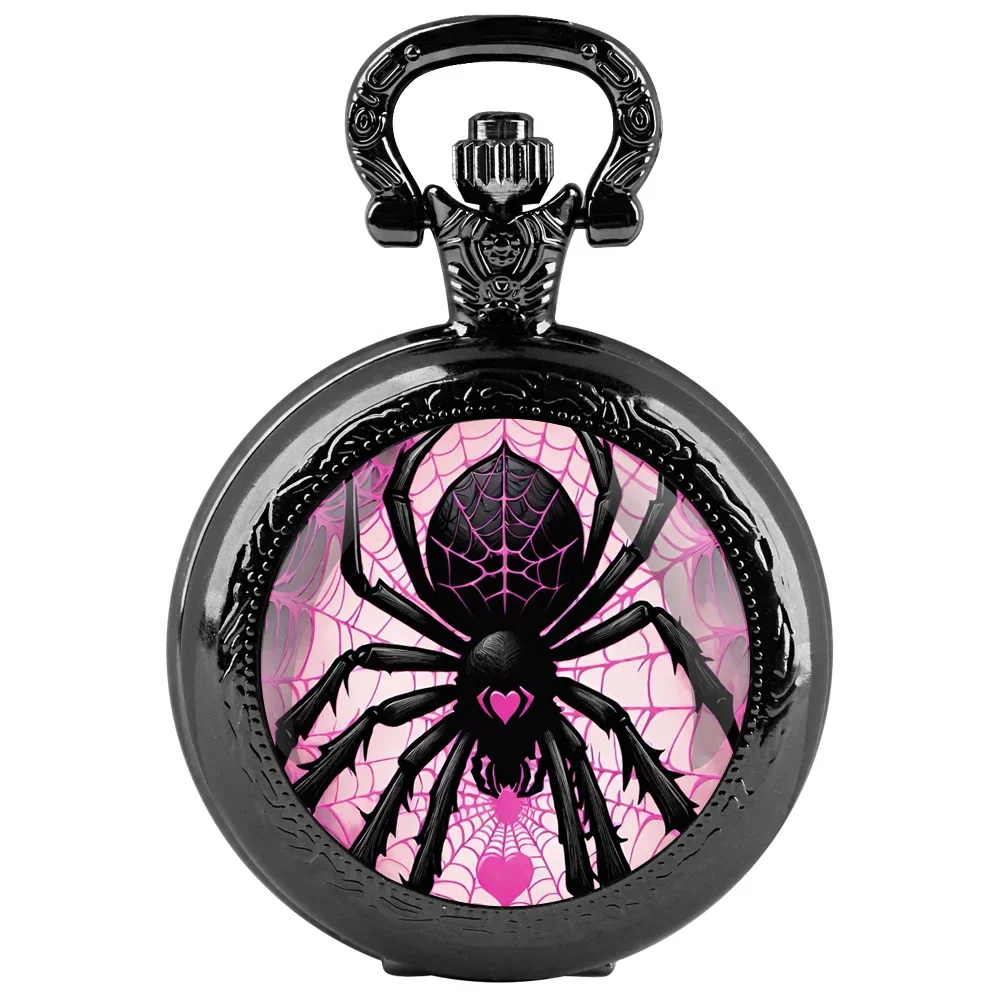 Fashion Love Spider Pink Web Dome Quartz Pocket Watch Arabic Numeral Dial Vintage Men Women Necklace Pendant Creative Clock Gift