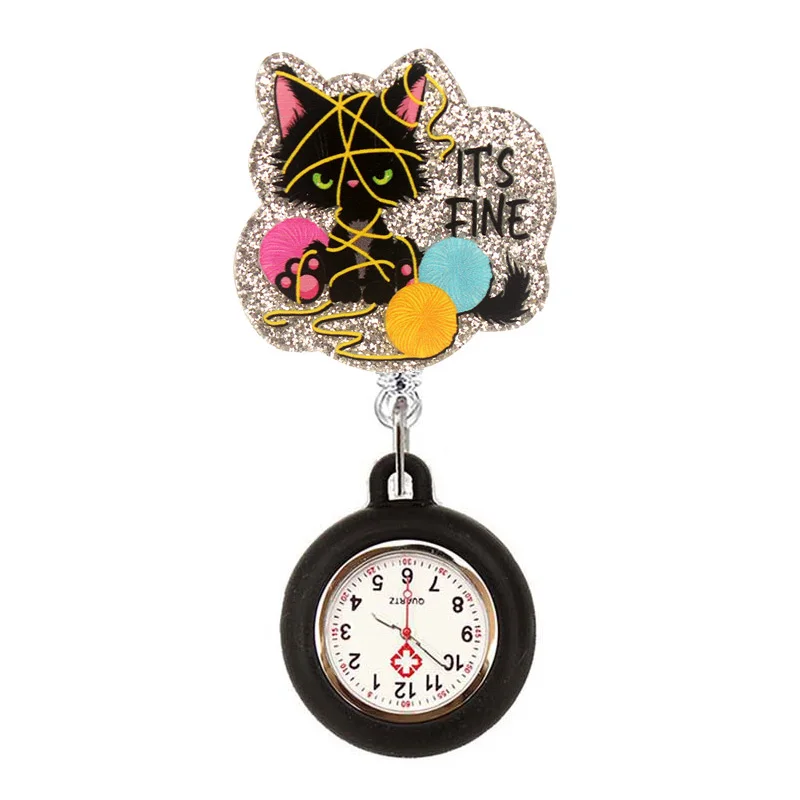 Glitter Hospital Health Care Acrylic Sloth Dog Cat Lovely Nurse Doctor Alligator Clip Pocket Watches Medical Hang Clock