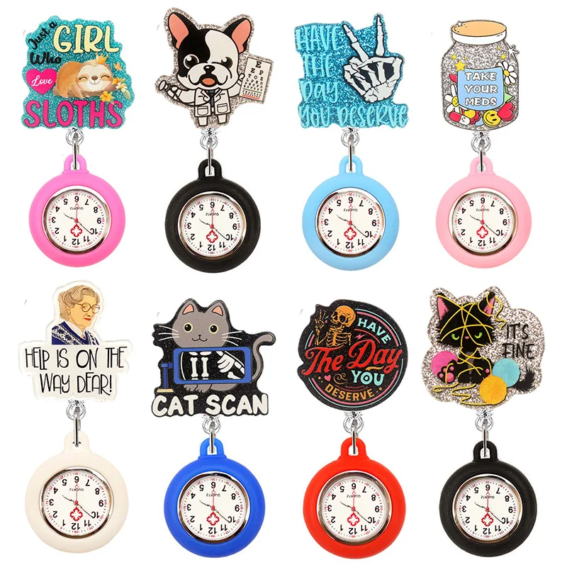Glitter Hospital Health Care Acrylic Sloth Dog Cat Lovely Nurse Doctor Alligator Clip Pocket Watches Medical Hang Clock
