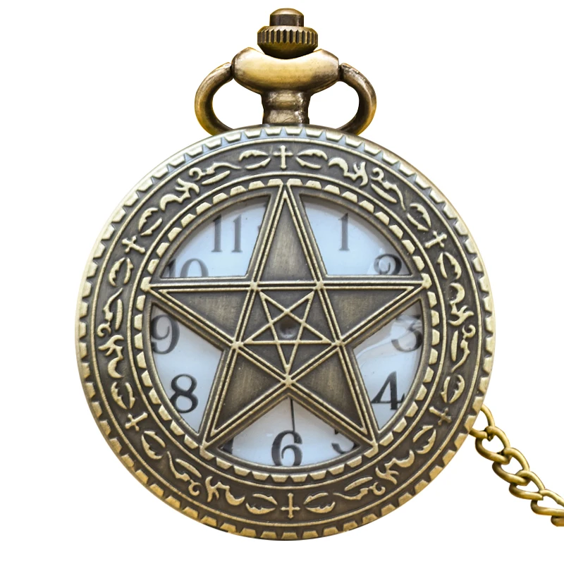 Vintage Bronze Clamshell Pentagram Hollow Carving Male And Female Students Gift Quartz Necklace Pocket Watch