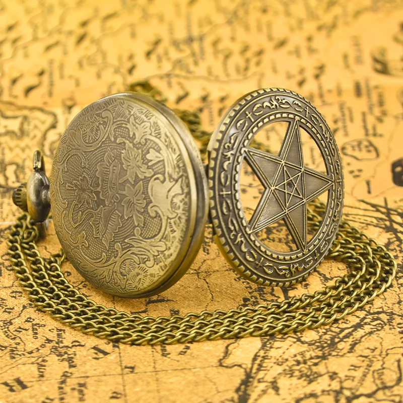 Vintage Bronze Clamshell Pentagram Hollow Carving Male And Female Students Gift Quartz Necklace Pocket Watch