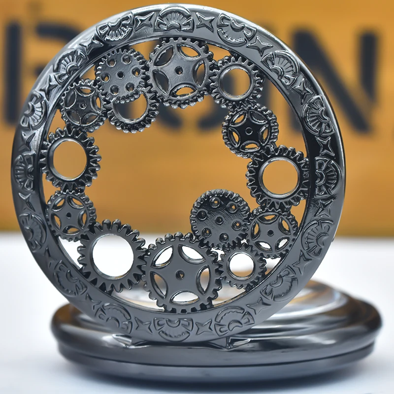 Black Hollow Gear Carved Quartz Pocket Watch Necklace Pendant Clock Chain Men Women Memorial Gift