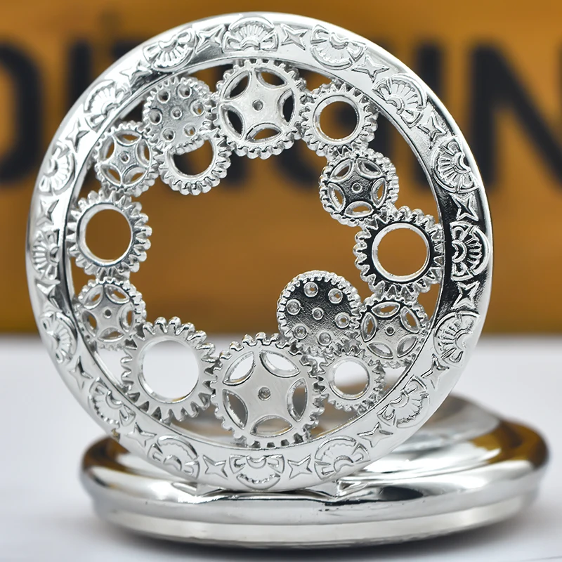 Black Hollow Gear Carved Quartz Pocket Watch Necklace Pendant Clock Chain Men Women Memorial Gift