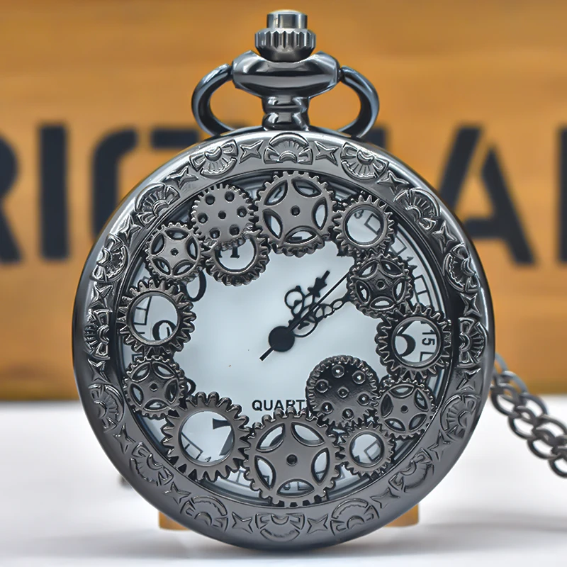 Black Hollow Gear Carved Quartz Pocket Watch Necklace Pendant Clock Chain Men Women Memorial Gift