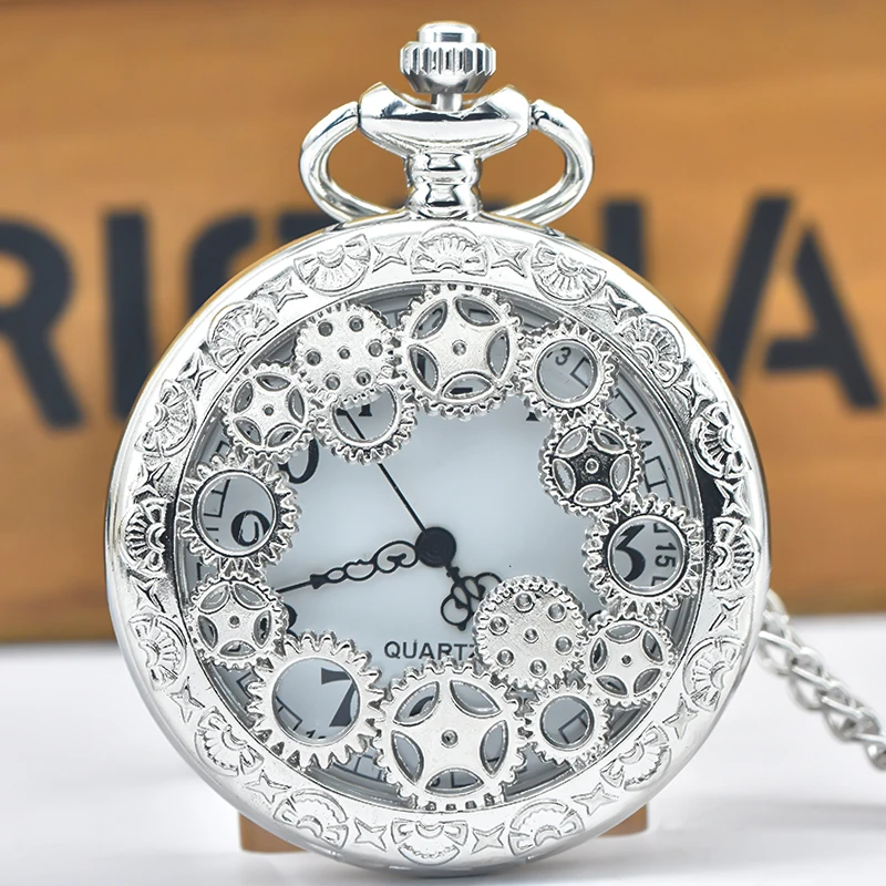 Black Hollow Gear Carved Quartz Pocket Watch Necklace Pendant Clock Chain Men Women Memorial Gift