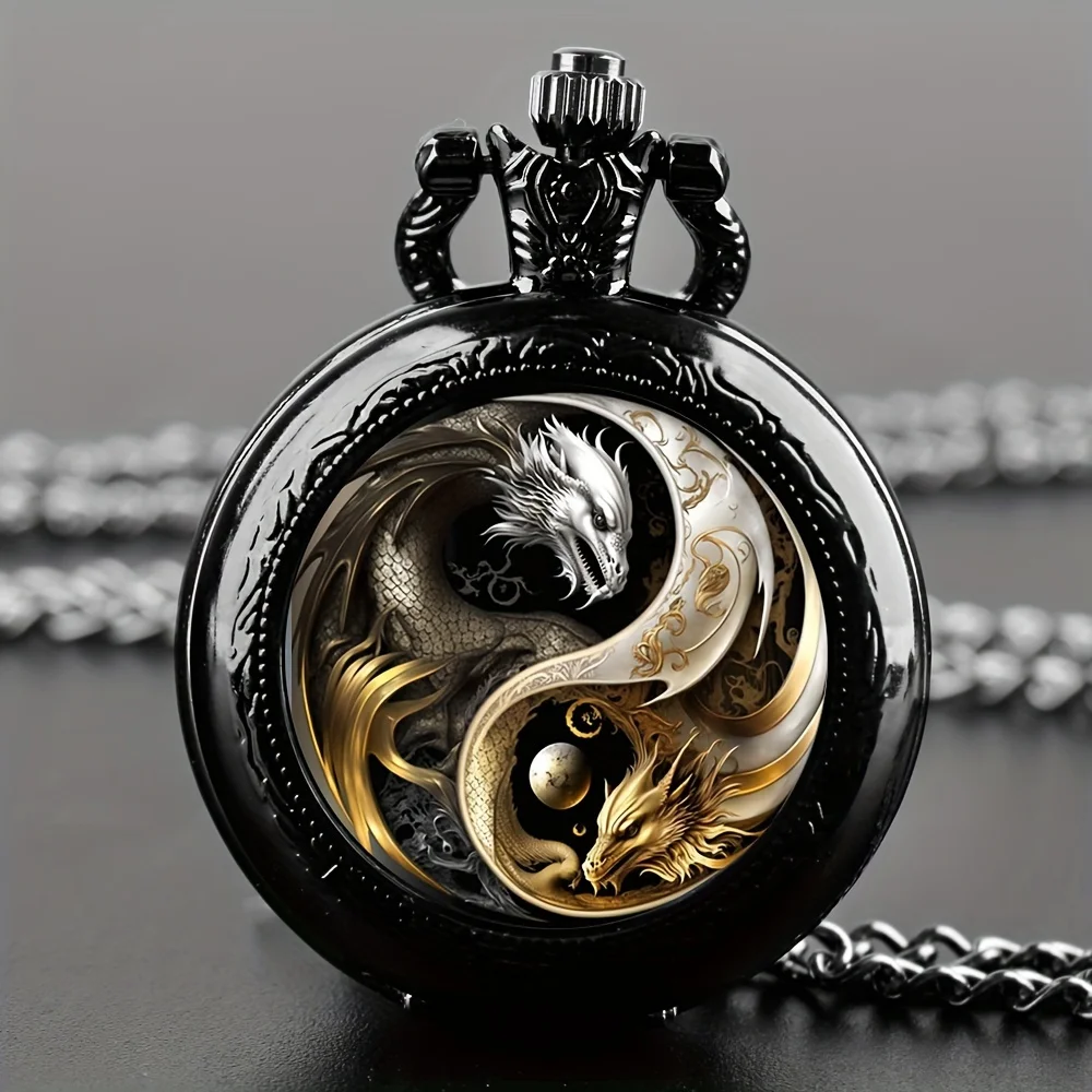 Vintage Inspired Double Dragon Pocket Watch Design with Dual-Tone Golden and Silvery Colors, Precise Quartz Movement Watch