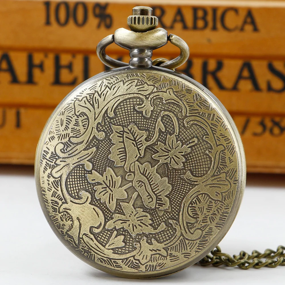 Exquisite Carved Quartz Pocket Watch Necklace Pendant Gifts For Women Man with Fob Chain