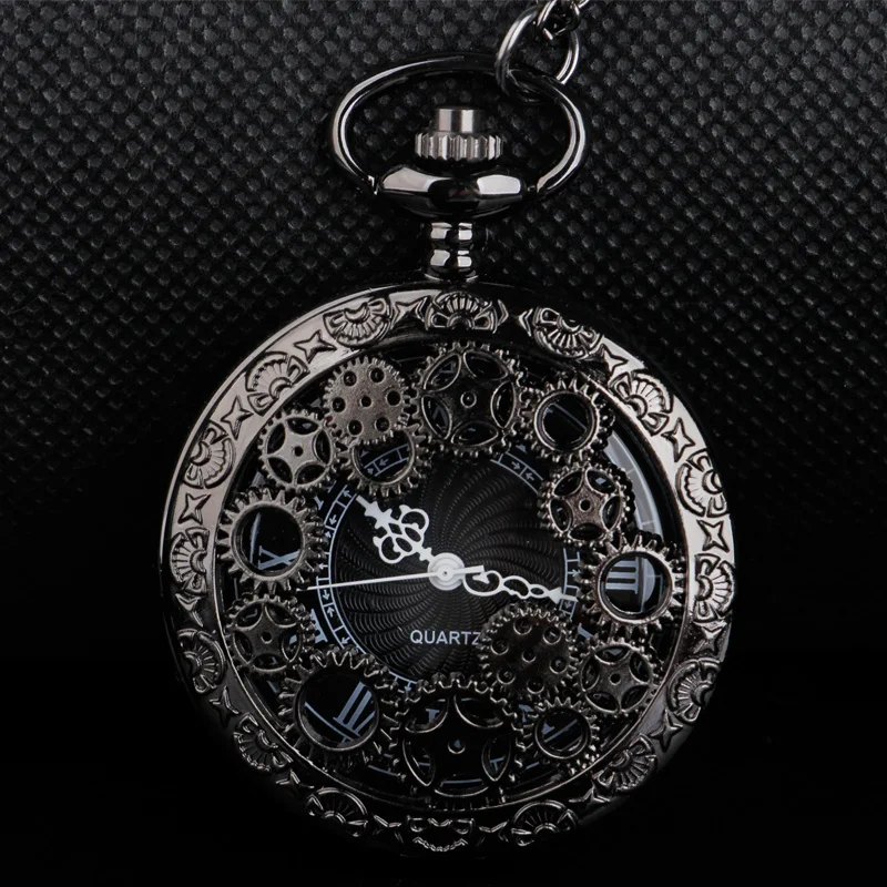 Steampunk Steel Vintage Hollow Black Gear Hollow Quartz Pocket Watch Necklace Pendant Clock Chain Men's Women's CF1036