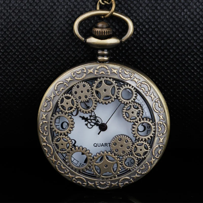 Steampunk Steel Vintage Hollow Black Gear Hollow Quartz Pocket Watch Necklace Pendant Clock Chain Men's Women's CF1036