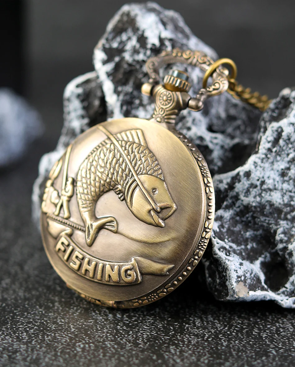 Best Gifts Luxury Gold Quartz Pocket Watch Design Fishes Necklace Pendant Pocket Watch Clock for Mens Womens