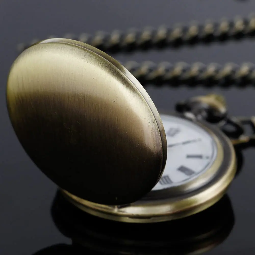 Bronze Vintage Pocket Watch with Chain Smooth Steel Roman Numerals Men's Pocket Watches Pendant