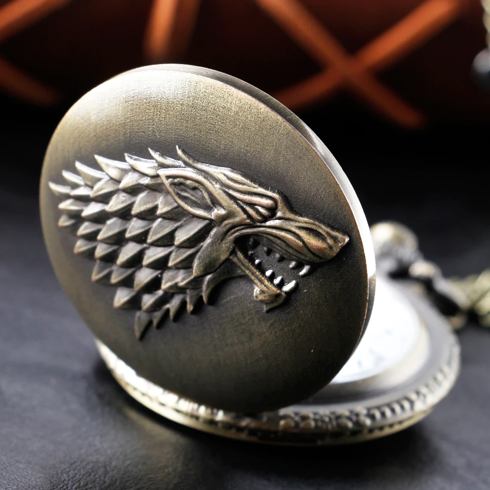 Bronze Antique Western Werewolf Embossed Quartz Pocket Watch Vintage Men's Fob Chain Clock Children's and Women's Gift