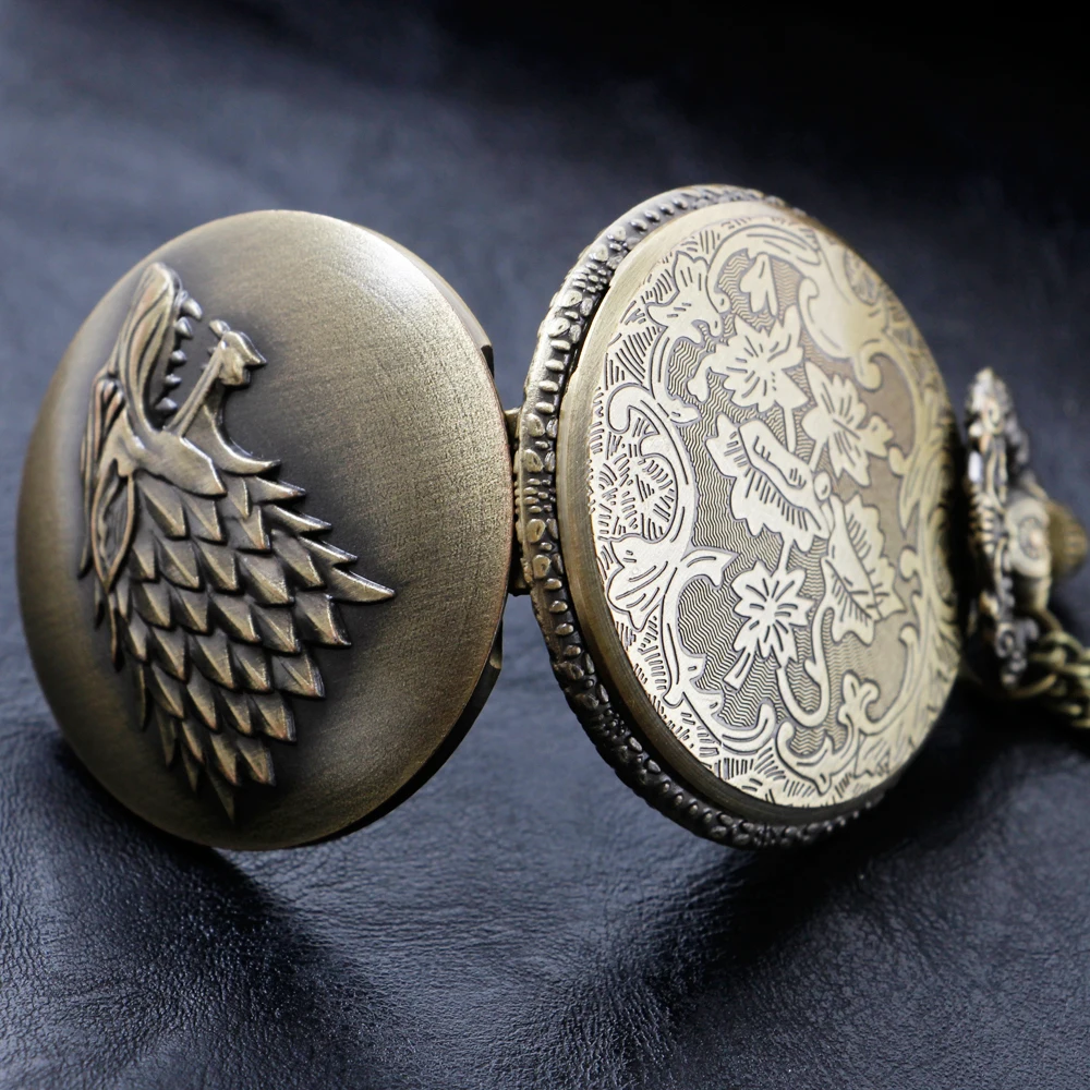 Bronze Antique Western Werewolf Embossed Quartz Pocket Watch Vintage Men's Fob Chain Clock Children's and Women's Gift