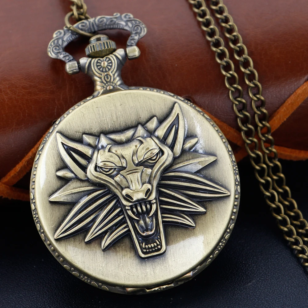 Bronze Antique Western Werewolf Embossed Quartz Pocket Watch Vintage Men's Fob Chain Clock Children's and Women's Gift