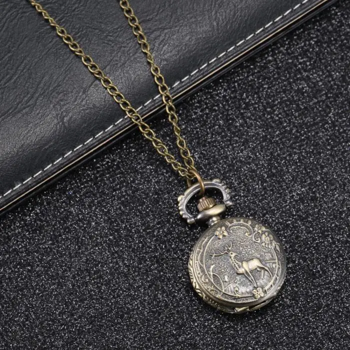 Fashion Vintage Retro Quartz Pocket Watch Alloy Deer Carving Sweater Chain Necklace Pendant Clock Gifts