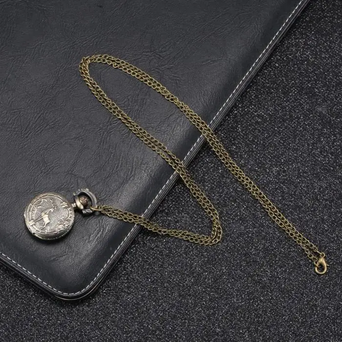 Fashion Vintage Retro Quartz Pocket Watch Alloy Deer Carving Sweater Chain Necklace Pendant Clock Gifts