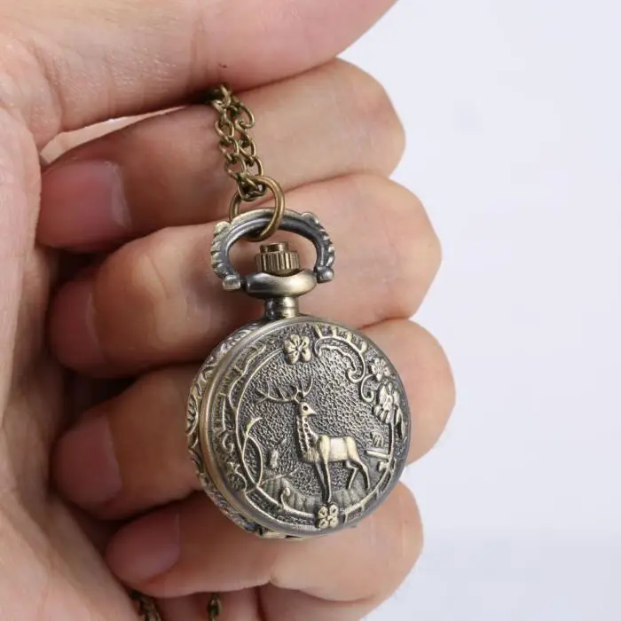 Fashion Vintage Retro Quartz Pocket Watch Alloy Deer Carving Sweater Chain Necklace Pendant Clock Gifts