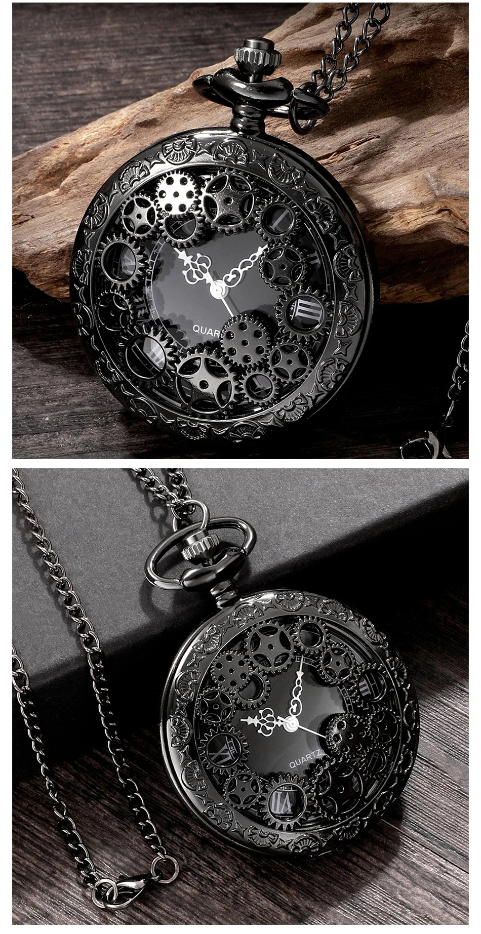 1pcs Punk Copper Retro Hollow Gear Hollow Quartz Pocket Watch Necklace Hanging Bracelet Men and Women with Chain Gift