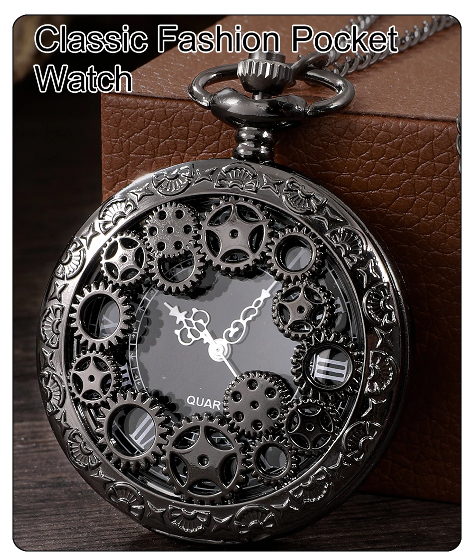 1pcs Punk Copper Retro Hollow Gear Hollow Quartz Pocket Watch Necklace Hanging Bracelet Men and Women with Chain Gift