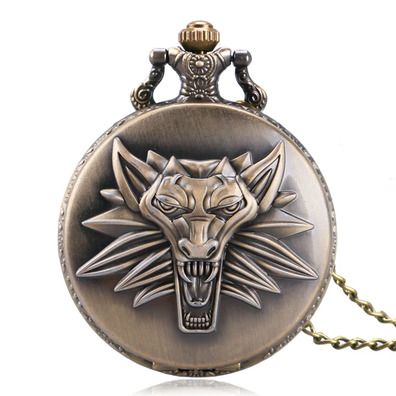 Bronze Roaring Lion Head Embossed Personality Necklace Pocket Watch Arabic Numerals White Dial